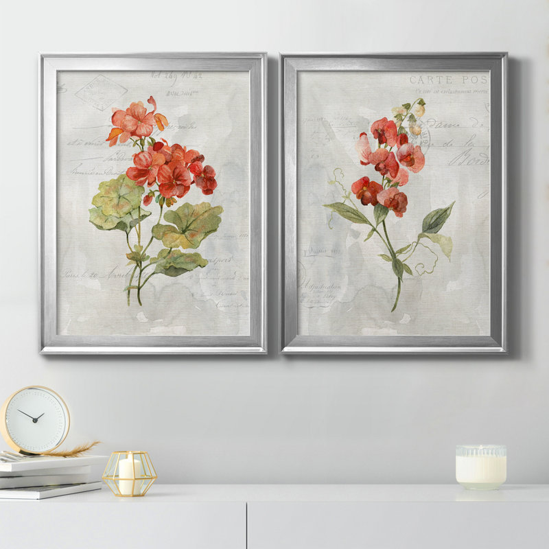 Lin géranium - ensemble de 2 peintures sur toiles, Toile avec cadre argenté, H 22,5 po x l 61 po x P 1,5 po