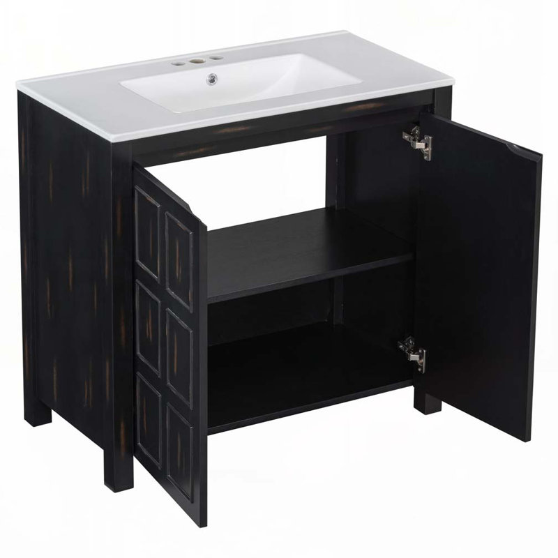 Meuble-lavabo de salle de bain avec lavabo en céramique, armoire et tablette, Espresso