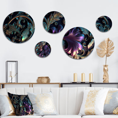 Abstract Ornate Flowers In Purple and Gold IV - Floral Metal Wall Décor