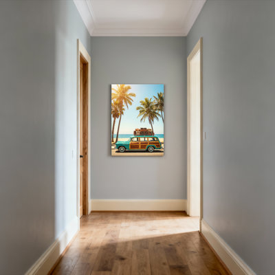 «Vintage Woodie Car Tropical Beach Scene», ensemble de 1 reproduction d'art sur toile tendue sur toile