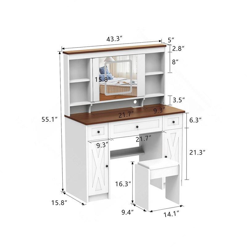 Farmhouse Vanity Desk With Sliding Mirror,Lights And Charging Station,Makeup Table Desk With Dimmable Led Light,Vanity Makeup Table With Sponge Soft Stool,White+Brown Finish