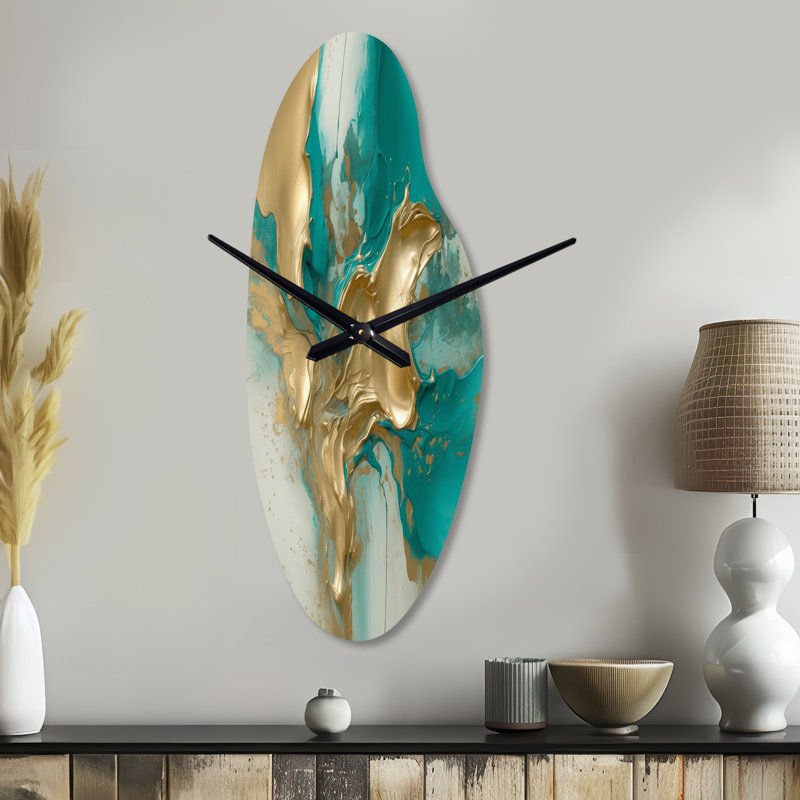 Horloge murale asymétrique en métal or et turquoise, encre fluide en marbre II, Grand