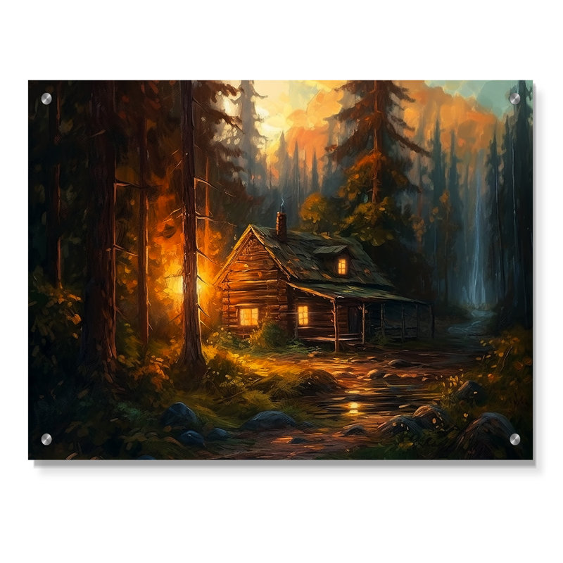 «Forest Escape Cabin I - Landscape Cottage», art mural en acrylique, H 24 po x l 32 po