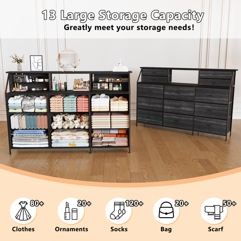 70" Bedroom Dresser With 13 Large Drawers, Black