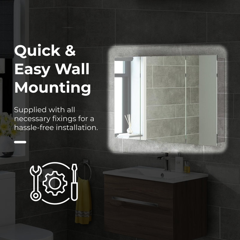 iBathUK Oslo Wall Mounted Stainless Steel Bathroom Mirror Cabinet Unit with 3 Doors and 5 Shelves in Silver, 600 x 900mm