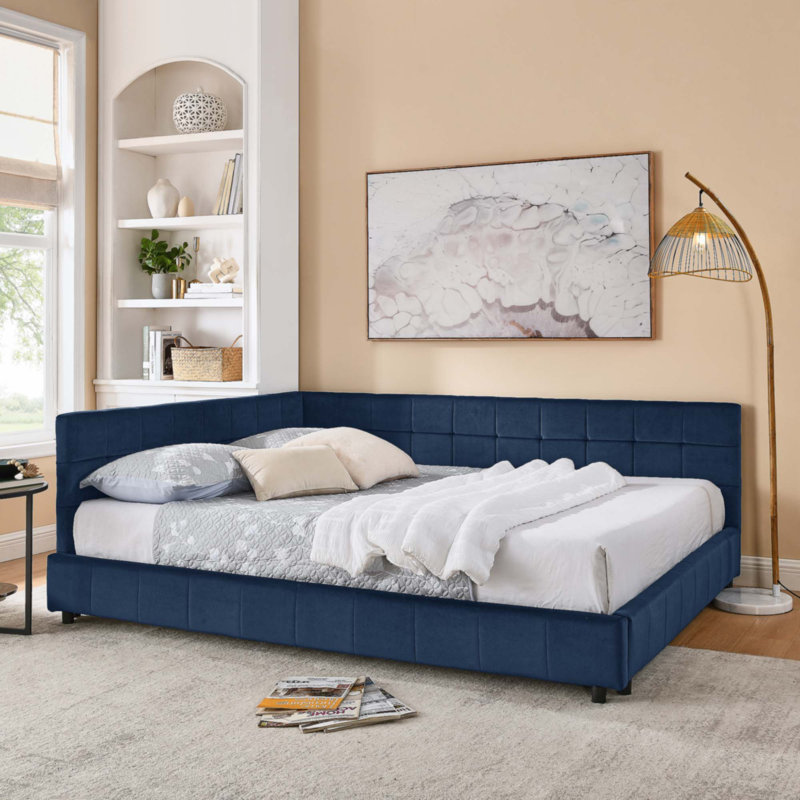 Queen Size Upholstered Tufted Bed Frame, Dark Blue