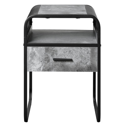 Table de bout de salon en béton gris et noir, forme courbée élégante, tiroir spacieux, base en métal stable 1 et trait essentiel, bords, fabrication