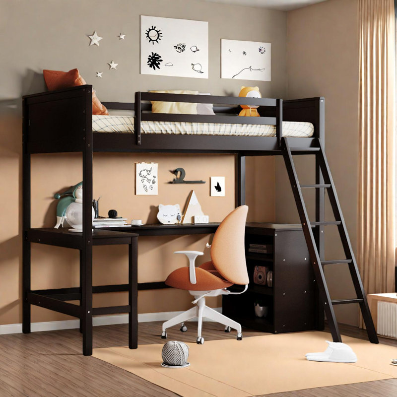 Lit mezzanine simple avec bureau et tablettes pour économiser de l'espace et dormir, Espresso