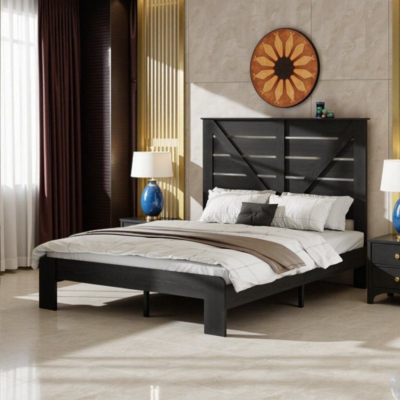Industrial Black Wood Platform Bed Frame with Headboard - Full Size Storage Bed, Noise Free & Tool-Free Assembly, Black, Full