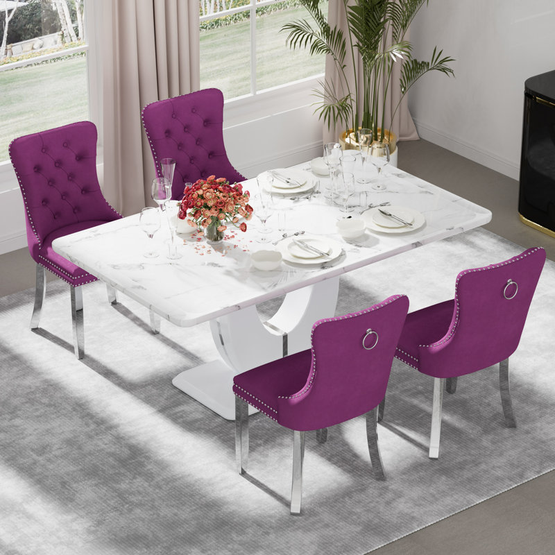 5-Piece Rectangle Marble Texture Dining Table Set, 5, Purple, White/Silver