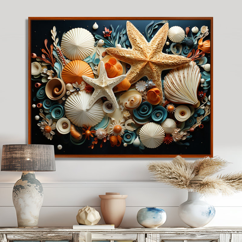 Collage moderne de coquillages de plage - art mural océan, 24" H x 32" W, Gold Picture Framed