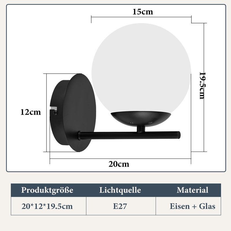 Wall Light 1 Flame E27 Globe Design Marhta, Matt black