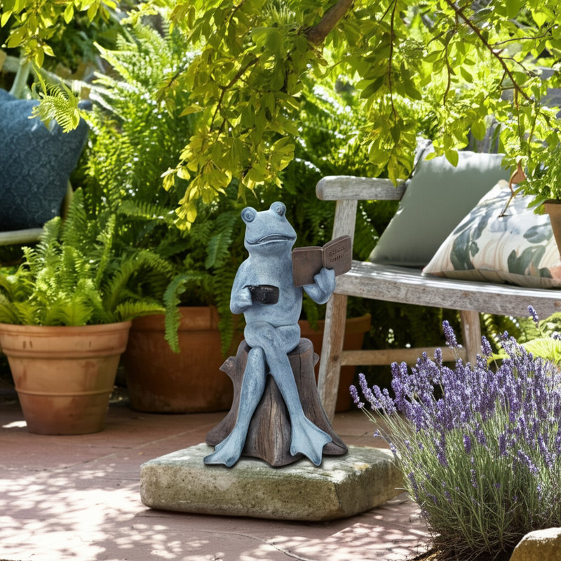 Decorative Playful Coffee Break Frog Garden Statue for Garden Decor - Book Lover Yard Sculpture Accent Piece for Outdoor Decor - 13", Gray & Bronze