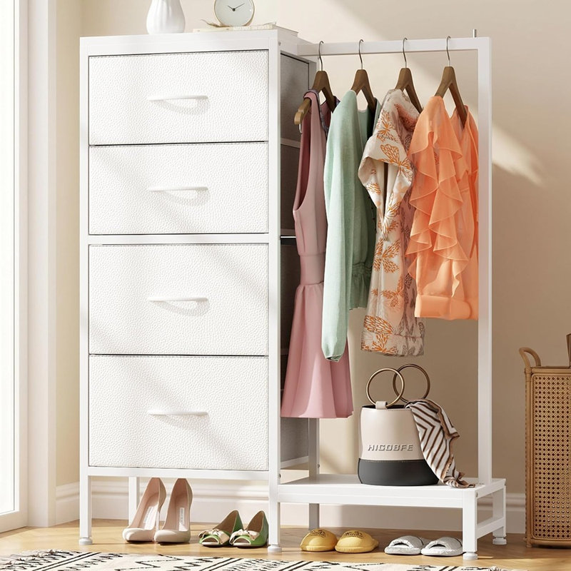 Commode haute en tissu avec garde-robe, 4 tiroirs de rangement, blanche