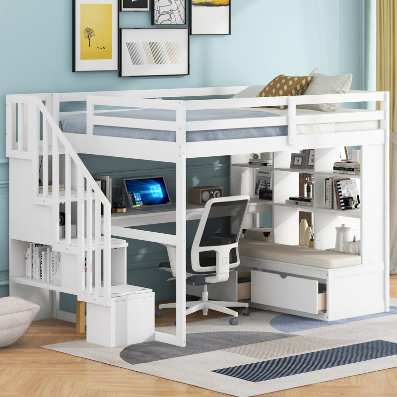 Lit mezzanine double avec bureau et tablettes, deux tiroirs intégrés, escalier de rangement, Blanc