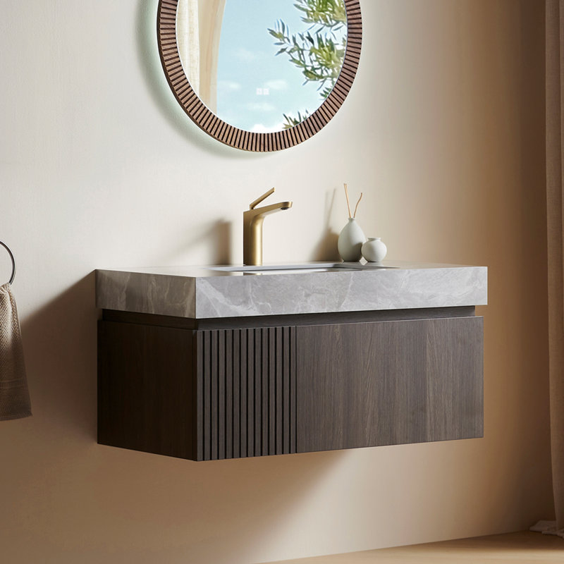 Meuble-lavabo simple en contreplaqué et en bois massif, Espresso, 36", Gris clair