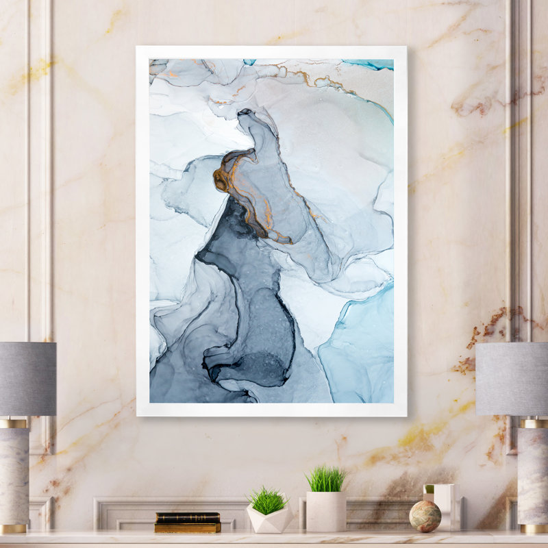 Gris et bleu marbré art ondulations - art mural moderne sur toile, H 44 po x l 34 po x P 1,5 po, Toile avec cadre blanc