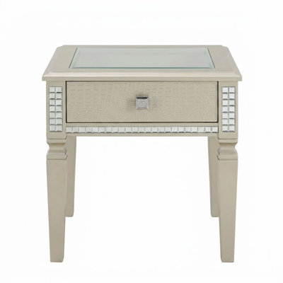 Margo 24 In. Silver Square Mirrored End Table With Crocodile Texture Panels And Storage Drawer