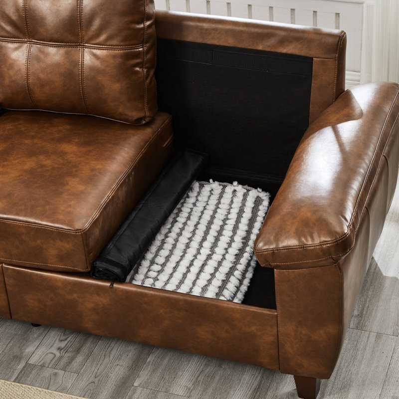 Fauteuil brun de 150 cm avec rangement, revêtement en cuir PU respirant, coussins d'assise et de dossier rembourrés à ressorts ensachés, grand accoudoir.