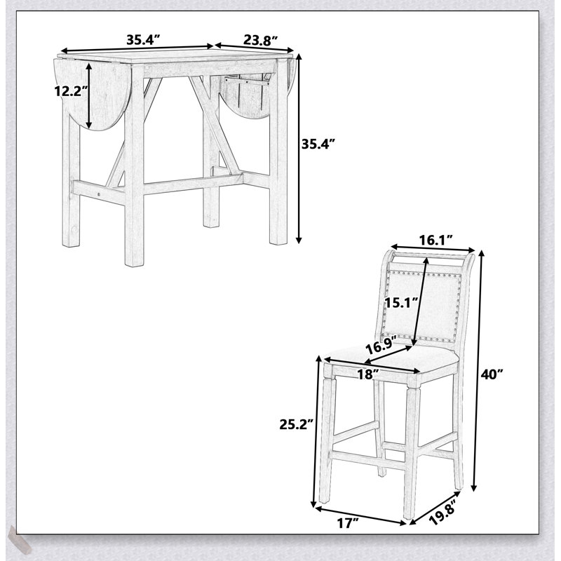 Ensemble de salle à manger extensible en bois 3 pièces avec chaises rembourrées pour des espaces compacts et une utilisation polyvalente