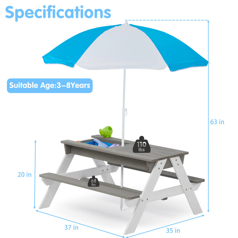 Table de pique-nique d'extérieur en bois avec parasol amovible - 31 tables de sable et d'eau multifonctionnelles, gris, bois naturel