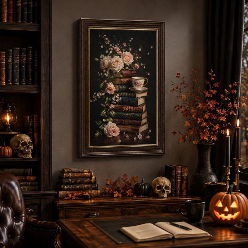 Art mural sur toile, roses roses et fleurs blanches sur une pile d'Halloween rétro, H 18 po x l 12 po