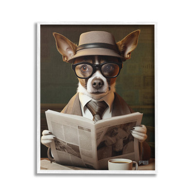 Classy Dog with Newspaper Framed Giclee Art by RB