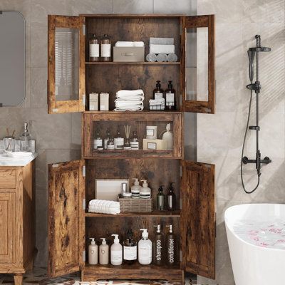 Grande armoire de rangement autoportante de 67 pouces avec portes en verre et tablettes réglables, armoire en panneau de fibres à densité moyenne imperméable avec quincaillerie anti-basculement pour salle de bain, cuisine et salle de lavage, double rangée, couleur rétro