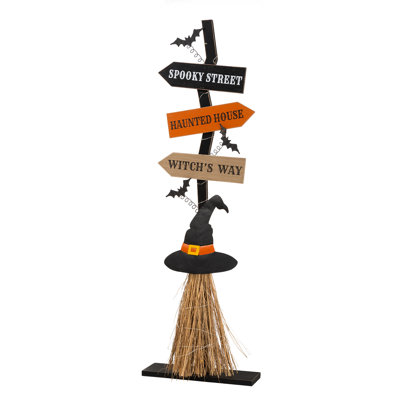 42"H Lighted Wooden Witch's Broom Porch Decor