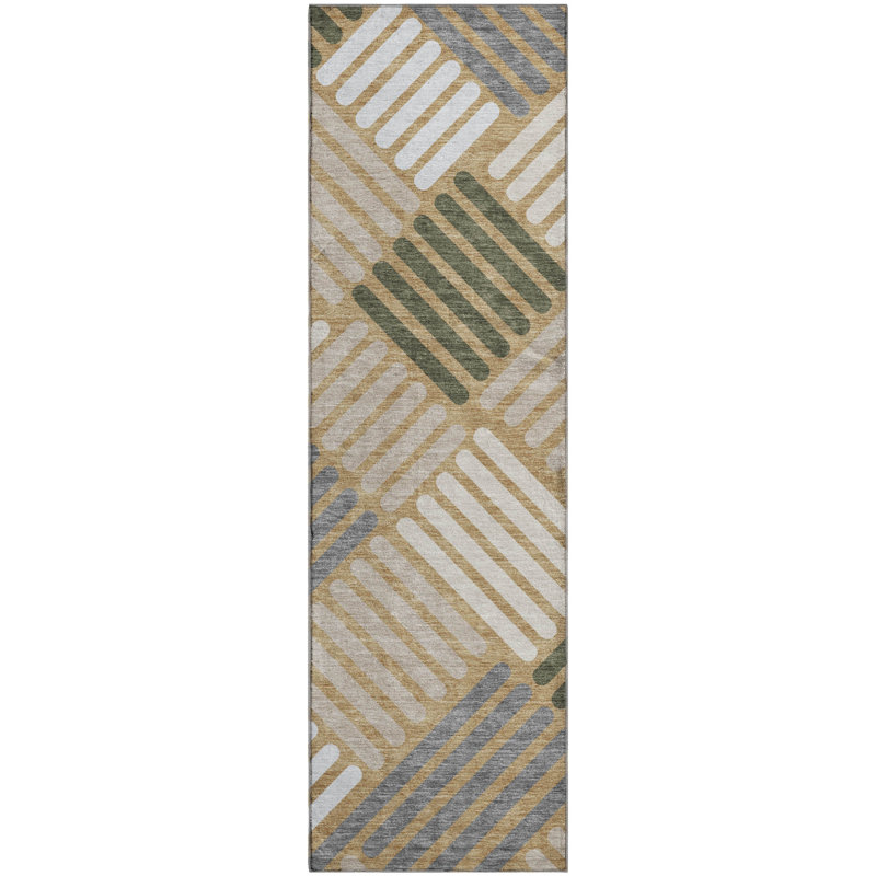 Premium Machine Washable Mayfield AMF2339 Geometric Rug, Gold, 2'3" x 7'6" Runner