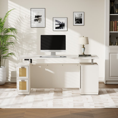 Adonia 71"W Rattan- Electric Height Adjustable Standing Desk Modern Executive Office Desk With Privacy Panel Charging Station, 2 Drawers And 3 Storage For Home Office And Commercial Use