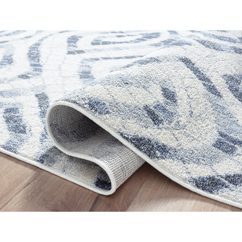 Rectangular Blue and Ivory Geometric Synthetic Area Rug