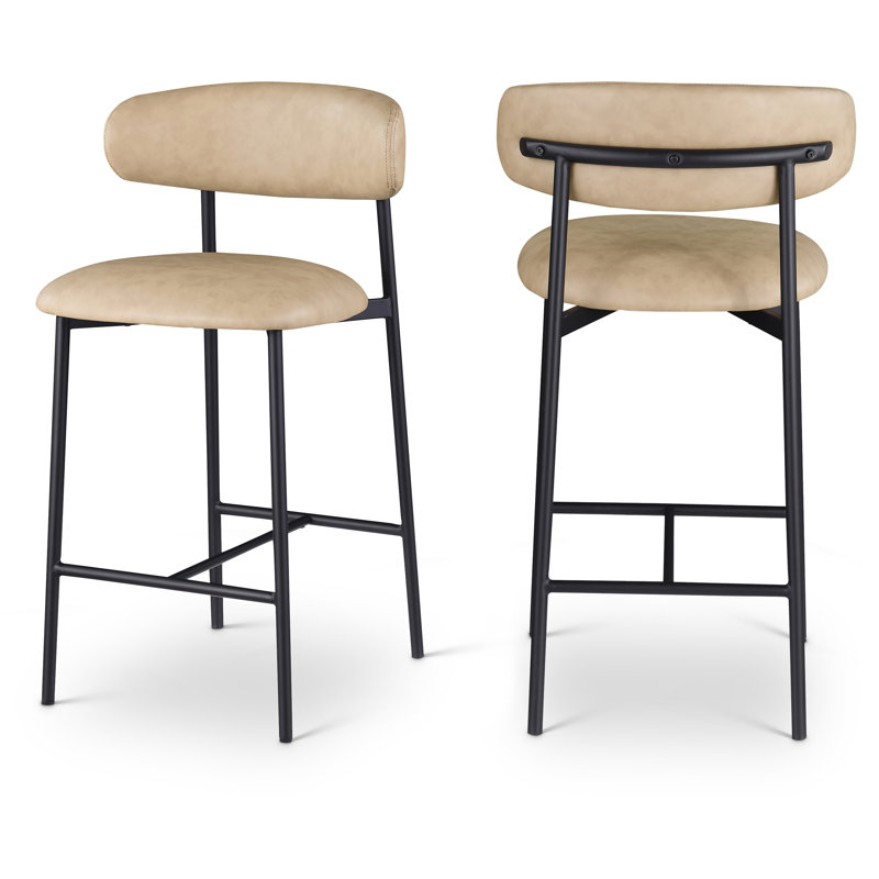 Tabouret de comptoir Lupita, Noir mat, Cuir brun clair végétalien