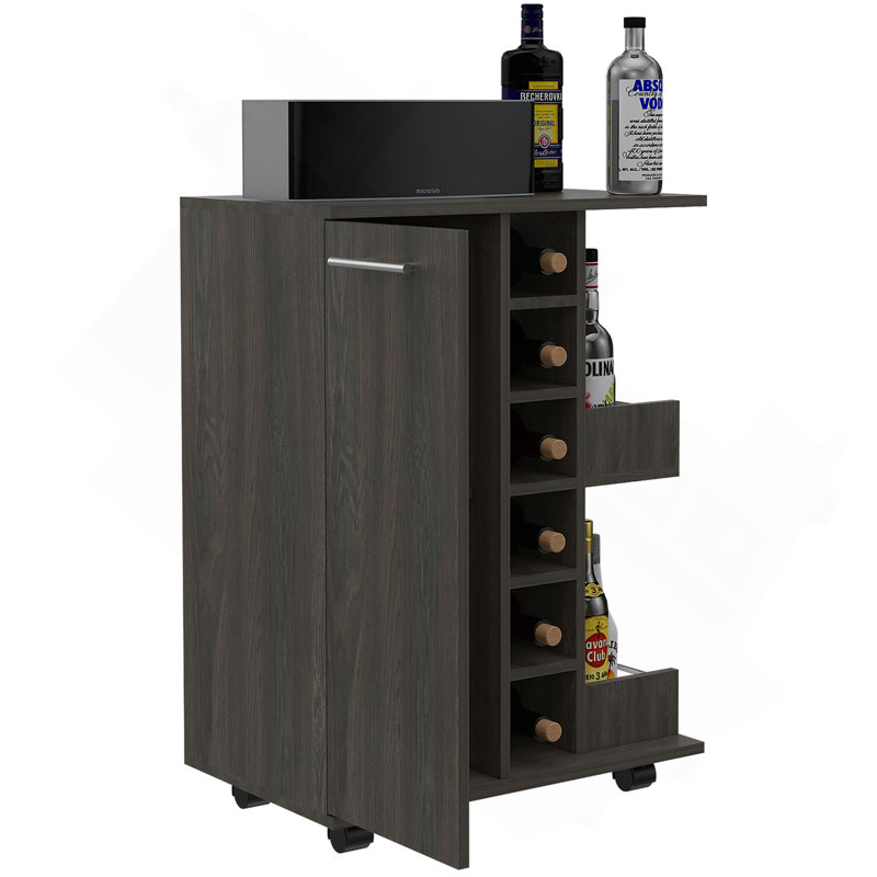 Chariot-bar Tennessee, une armoire avec une division, six casiers pour boissons alcoolisées, deux tablettes