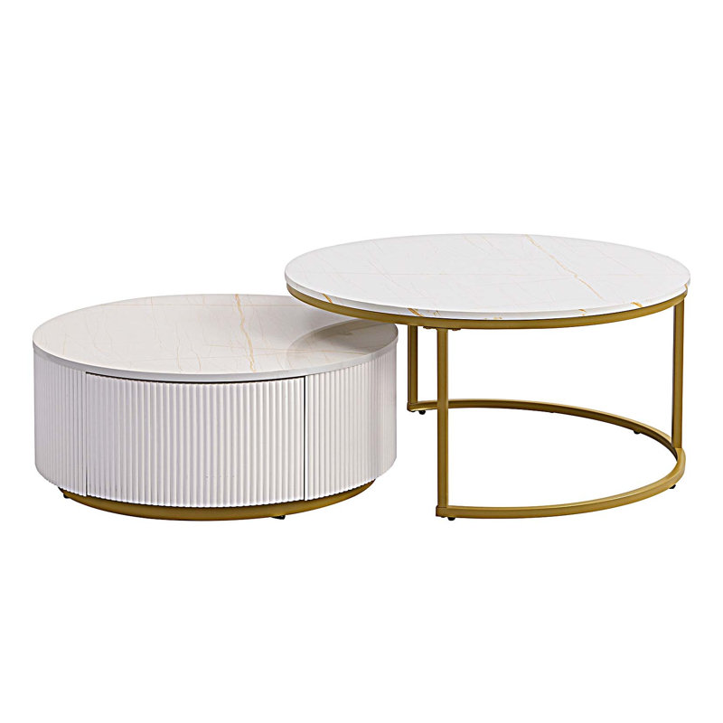 Table basse gigogne moderne avec tiroir, Blanc, H 15,7 po x L 27,5 po x l 27,5 po