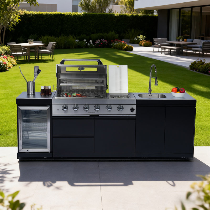Îlot de barbecue au propane à 4 brûleurs de 98 po avec brûleur latéral, rôtissoire et réfrigérateur et évier