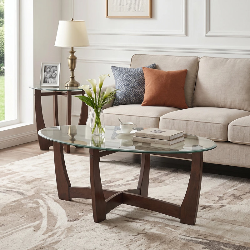 Table basse 48 "ovale en verre avec base en bois, cerisier, Transparent, Cerisier
