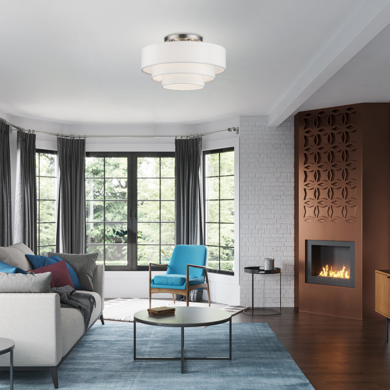 Très grand semi-encastré 4 lumières bronze avec abat-jour en tissu blanc cassé fabriqué à la main, Nickel brossé