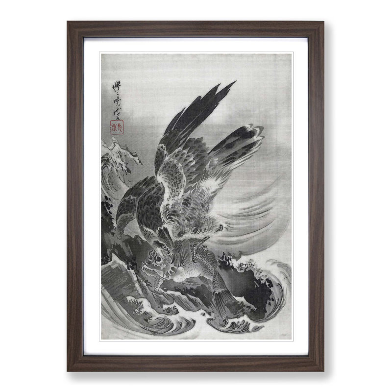 Eagle Attacking Fish by Kawanabe Kyosai - Picture Frame Painting Print, Walnut Framed, 36cm H x 27cm W x 2cm D