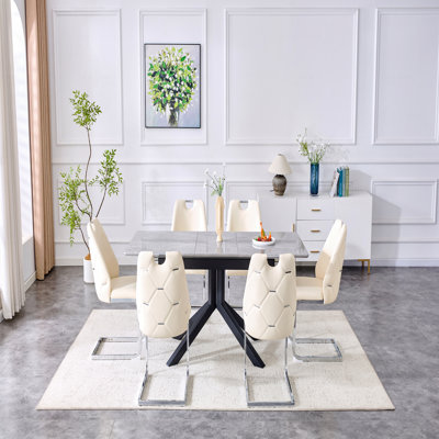 Modern Rectangular Dining Table Light Gray Painted Mdf Top Sturdy Geometric Metal Legs