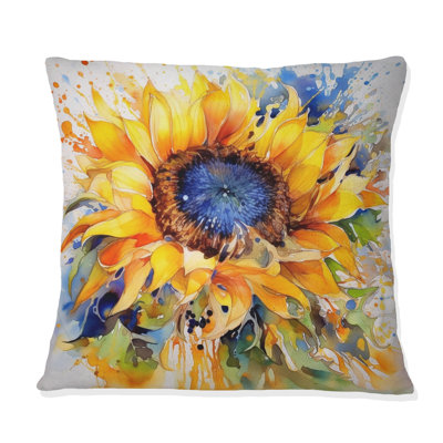 Yellow Blue Golden Cheerful Sunflowers - Floral Printed Throw Pillow