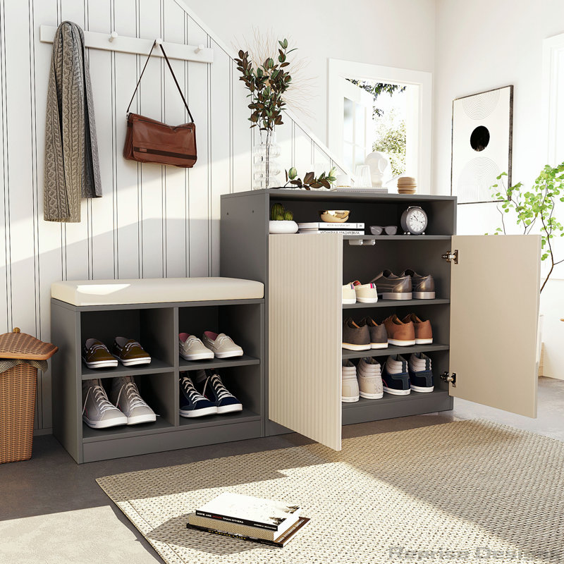 U_Style Livingroom Cabinet with Shoe Bench, 2 Doors and 3-Tier Adjustable Shelves, Entryway Bench with 4 Open Shoe Racks and Removeble Cushion, Storage Console Table with Wavy Slatted Door and Hooks