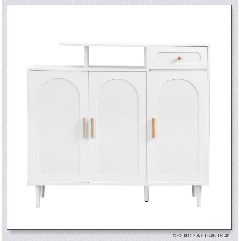 Elegant Shoe Cabinet with Arched Doors and Drawer, Cream Style Storage Sideboard with Adjustable Shelves and Solid Wood Legs for Entryway, Living Room