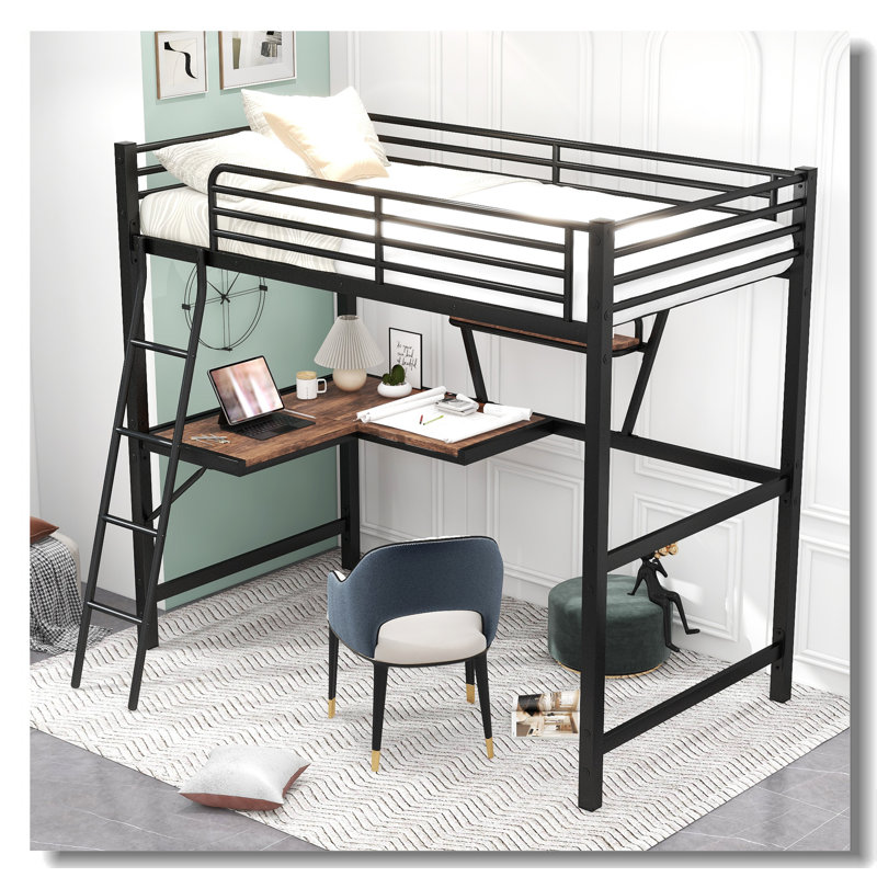 Lit en bois et panneau de fibres à densité moyenne avec bureau et tablette Loft, Noir, noir, noir, noir, Simple