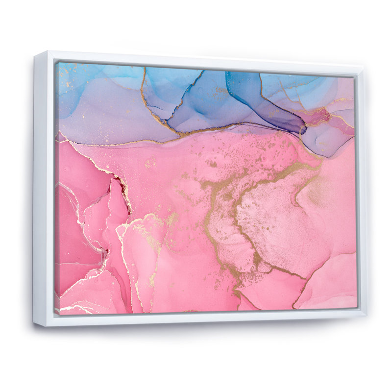 Art à l'encre rose rose avec horizon bleu - reproduction sur toile, H 34 po x l 44 po, Toile à cadre flottant blanc