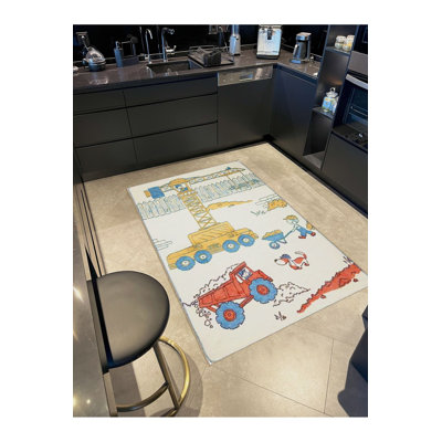 Crane Truck Detailed Kids Room Woven Base Modern Decorative Machine Washable Area Rug