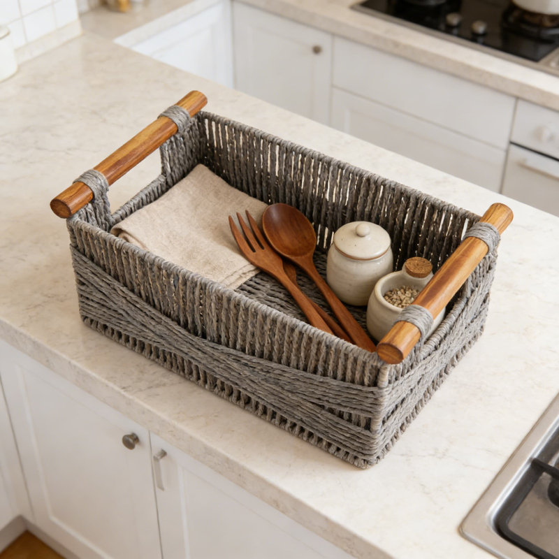 Handwoven Storage Baskets With Wood Handles, Recyclable Paper Rope Decorative Organizer For Living Room, Bedroom, Shelves, And Home Office, Set Of 2