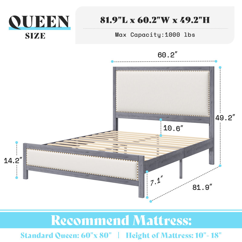 Lit plateforme en bois massif avec garniture cloutée et lin, gris, Grand