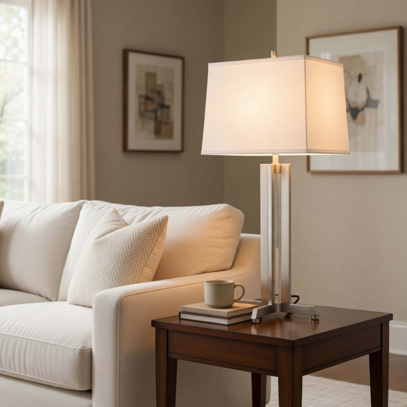Lampe de table 100W en métal Lakewood avec abat-jour rectangulaire en tissu rigide, Argent argent, Blanc