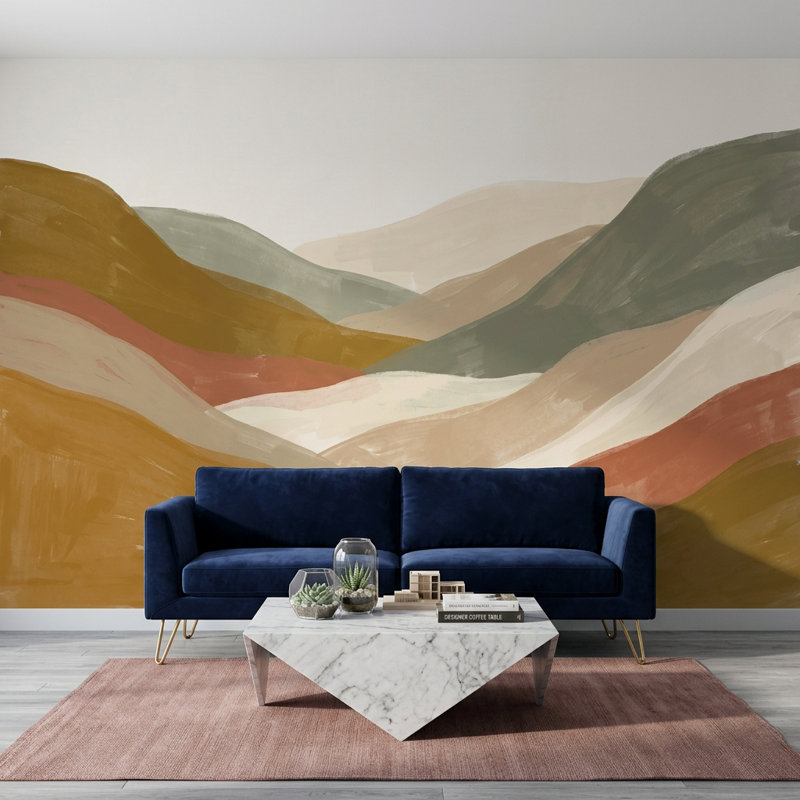 Décoration murale abstraite à superposition de tons terre terre, 140 po x 108 po, Peler et coller